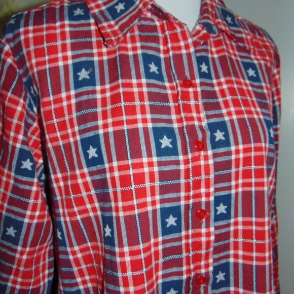 Collections Etc Women's Collared Button Down Shirt Plaid Cotton Stars Size Large - Picture 6 of 7